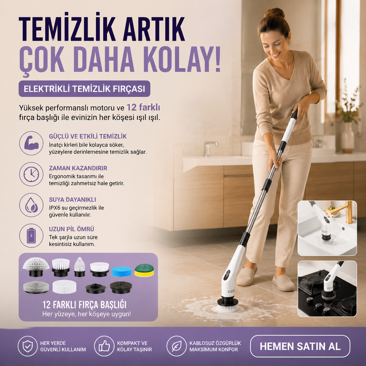 Elektrikli temizlik fırçası - 12 farklı fırça başlığı